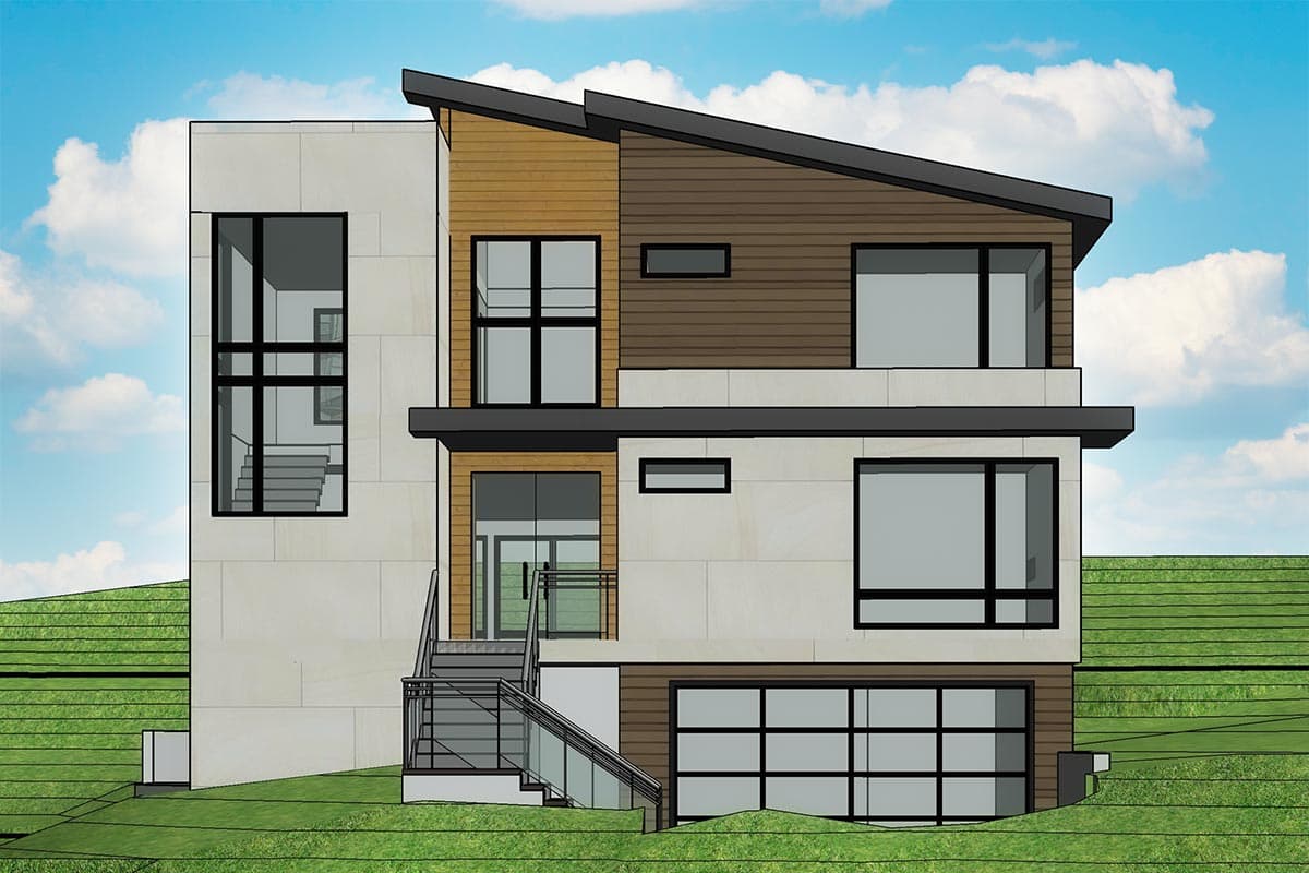 House plan exterior. Two-story, contemporary design with mixed siding, flat and shed rooflines, and a glass-paneled garage door.