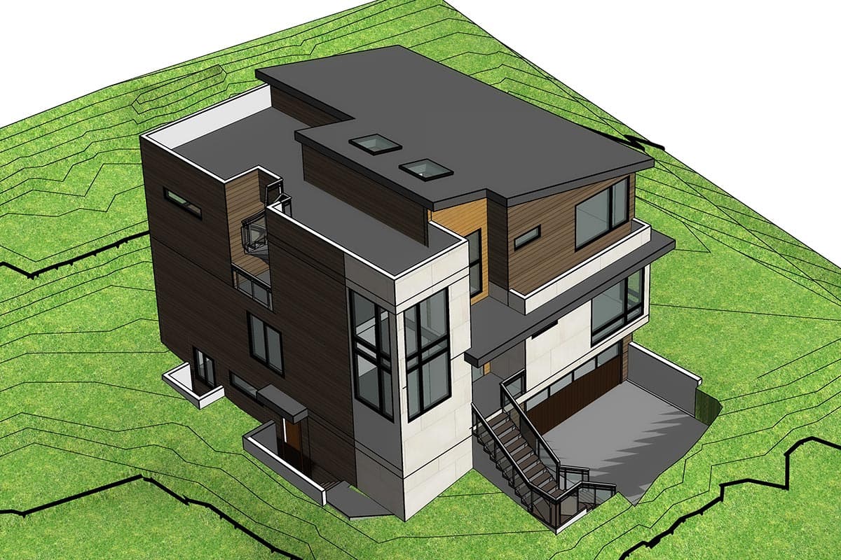 Modern house plan exterior with flat roof, multiple levels, large windows, wood and stone siding, and attached garage.