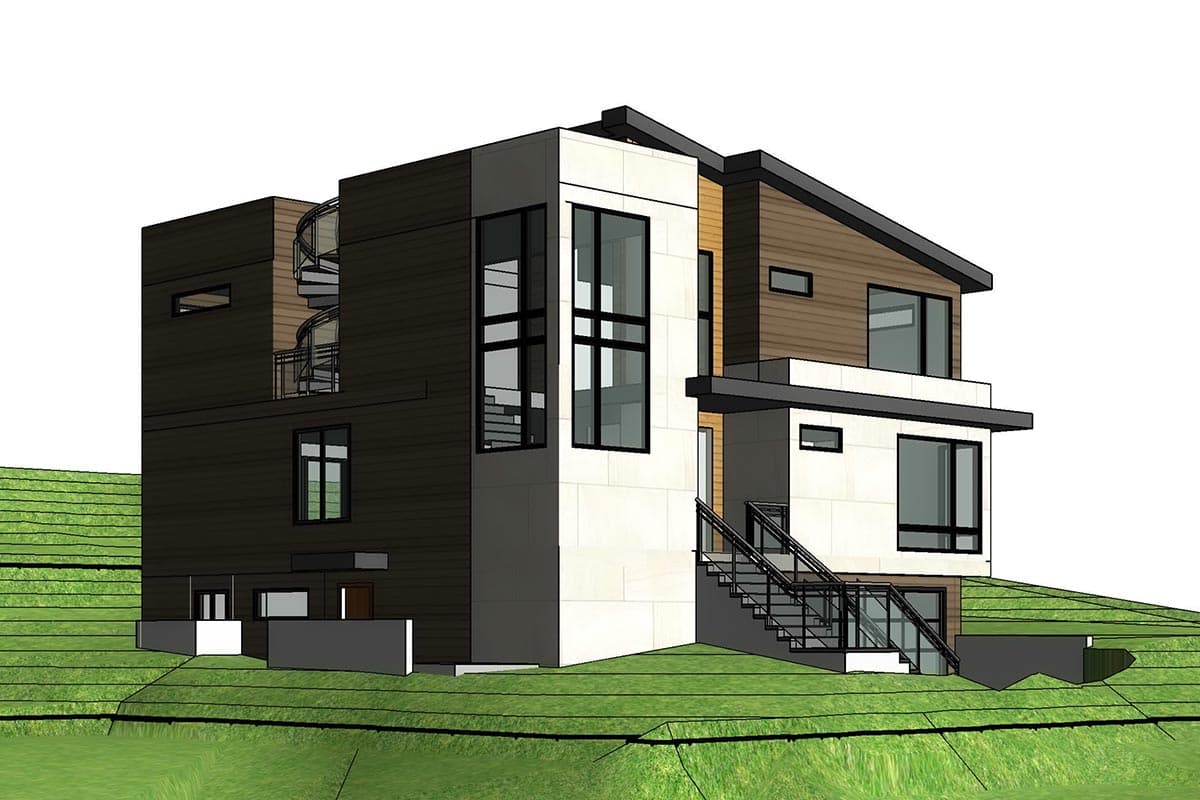 House plan exterior: Modern multi-story home with spiral staircase, varied window sizes, and sloped rooflines.