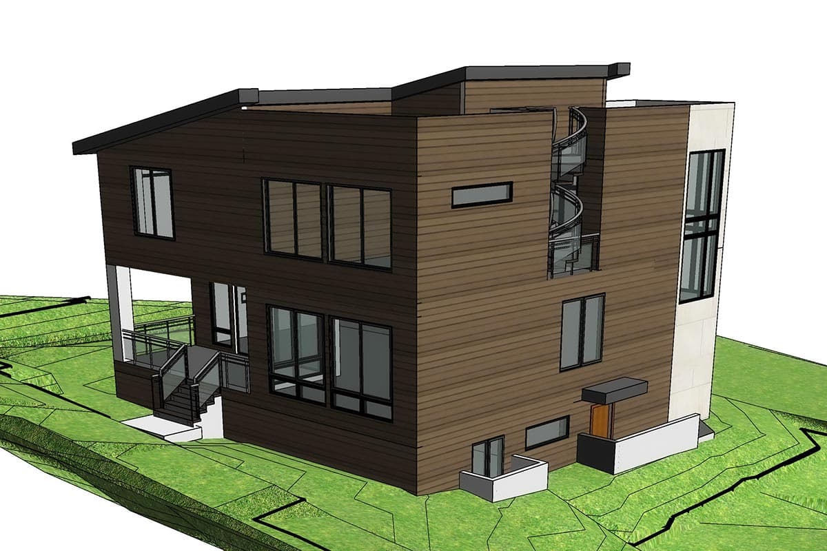 House plan exterior: Modern two-story with horizontal siding, multiple large windows, and a spiral staircase on the side.