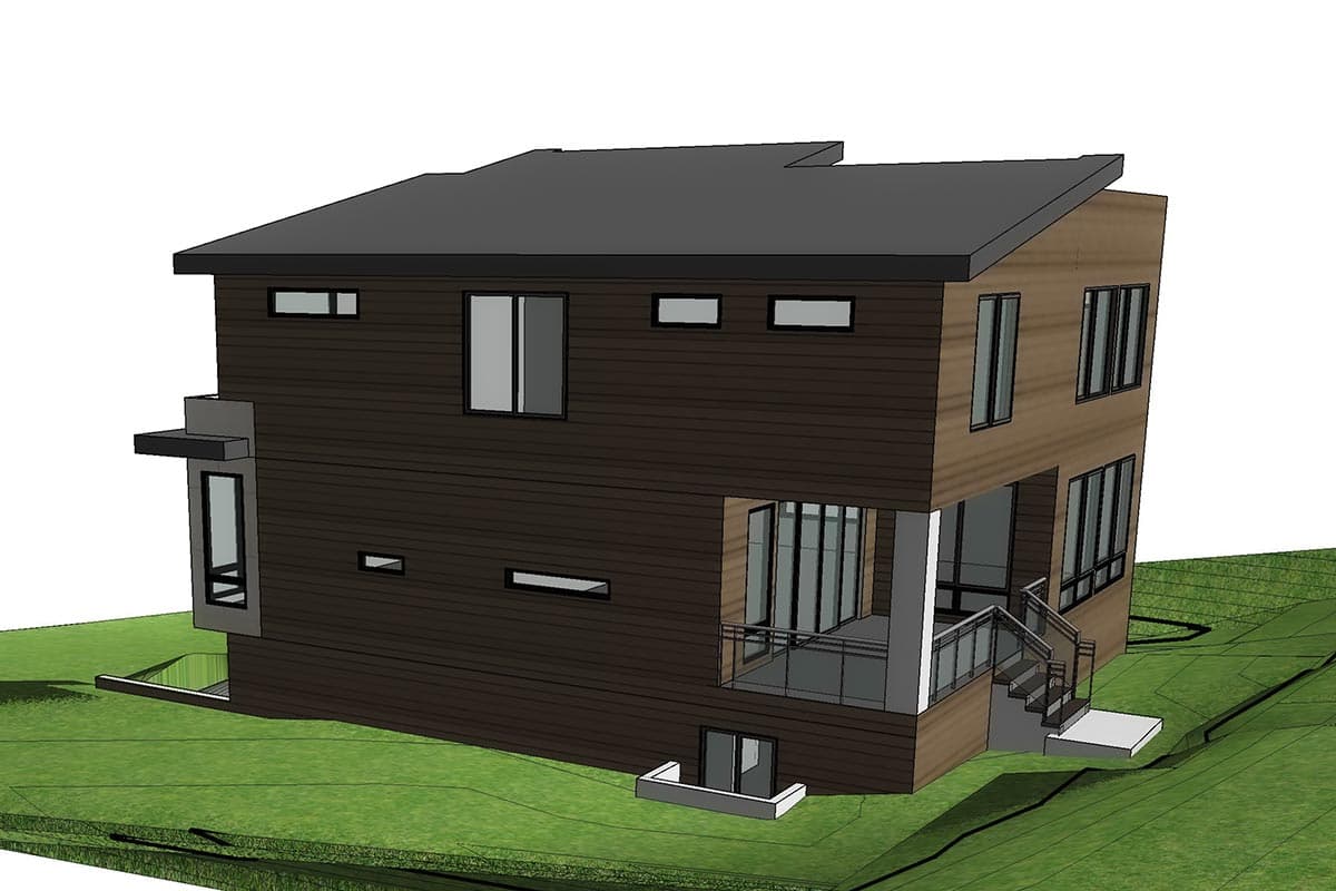 House plan exterior of a two-story Modern style home with a flat roof, horizontal siding, and numerous large windows.