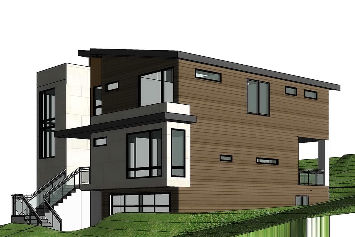 Modern house plan exterior with multiple stories, wood siding, contrasting stucco, and extensive windows.