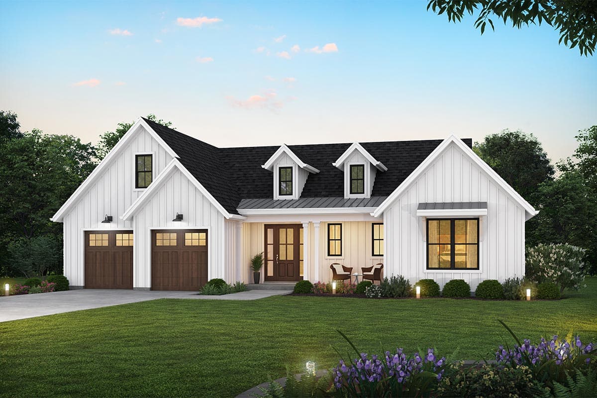 House plan exterior featuring a Farmhouse style with two stories, gabled rooflines, dormers, and an attached garage.