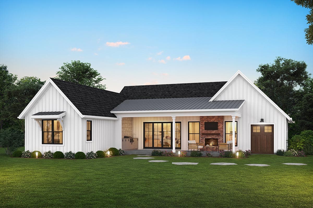 Modern Farmhouse house plan exterior, one story, white board and batten siding, gables, covered porch with fireplace.
