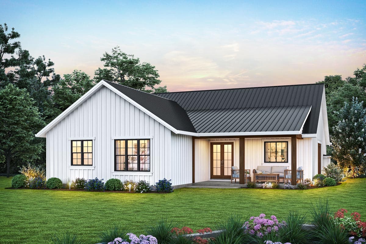 House plan exterior: one-story modern farmhouse with board and batten siding, metal roof, gables, and covered porch.