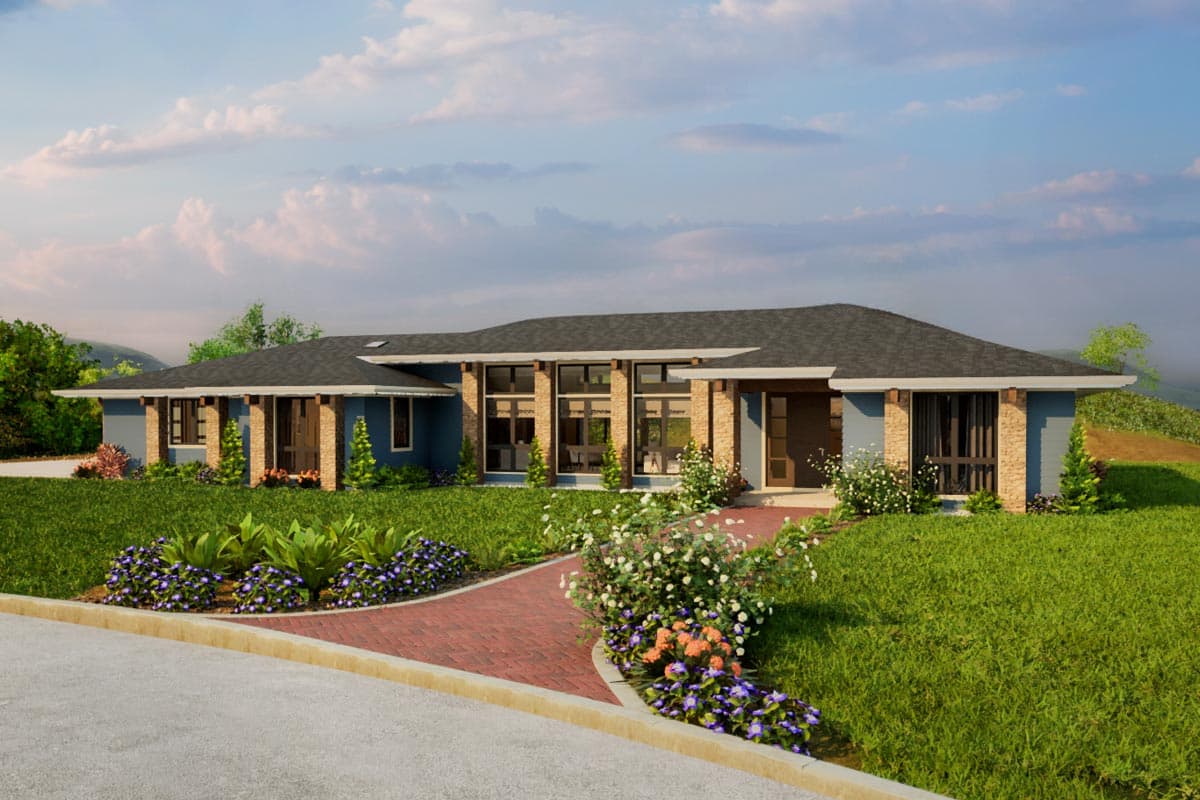 House plan exterior. One-story house with a flat roof, large windows, and stone columns. Features include a brick pathway and covered entry.