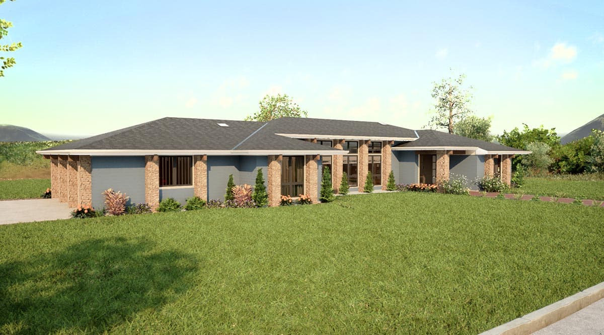 House plan exterior: one-story modern home with stone accents, wide eaves, and a low-pitched roof.