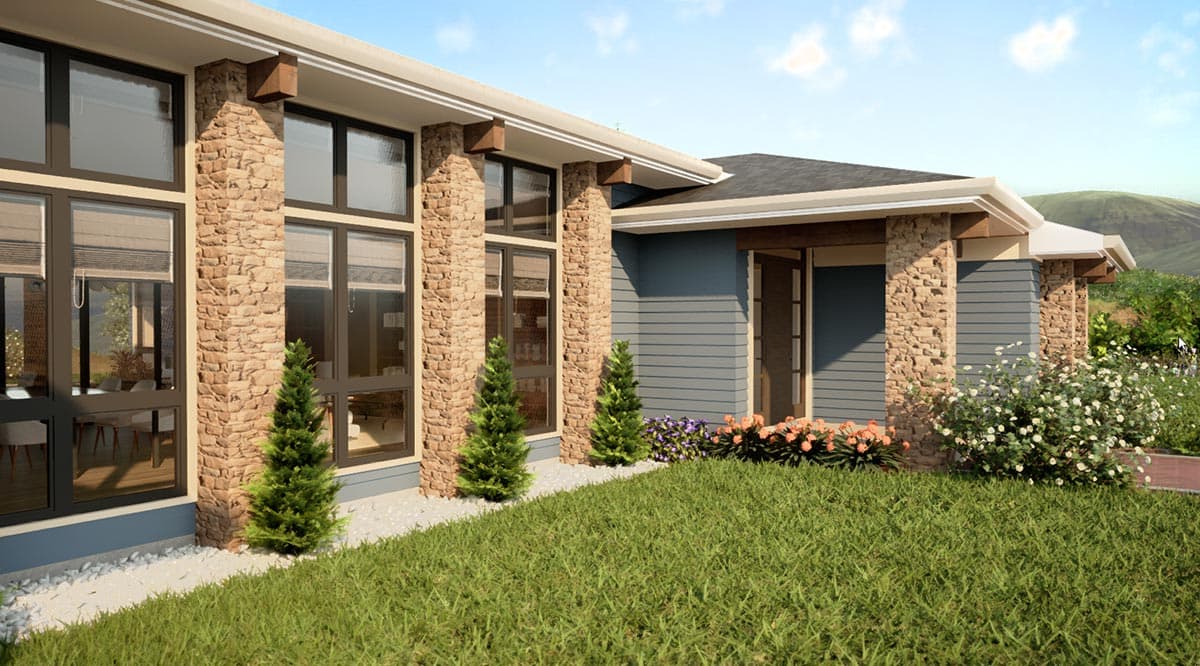 House plan exterior with stone pillars, blue siding, and large windows. Modern design with prominent roof overhangs.