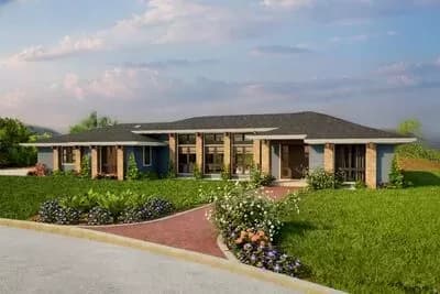 One-Story Modern Prairie-Style Home Plan with Home Office