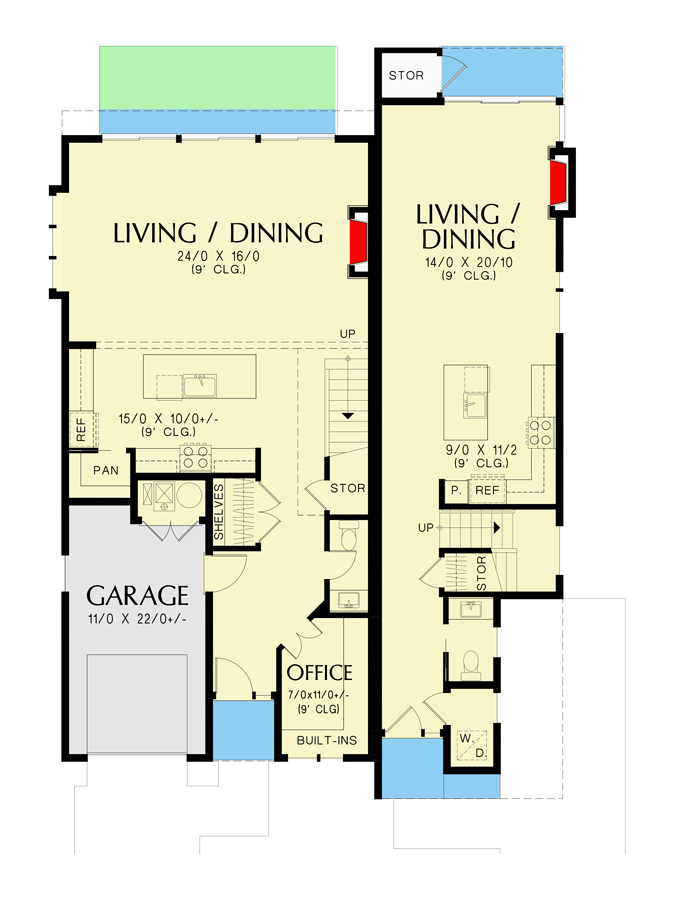 Plan 69200AM: Asymmetrical Modern Duplex House Plan with 3 Bedroom Units - Floor Plan - Main Level - Contemporary, Modern, Northwest