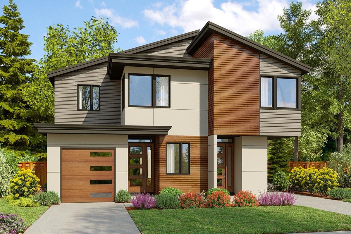 House plan exterior. Two-story modern style with wood siding accents. Features include a two-car garage, large windows, and a multi-gabled roofline.