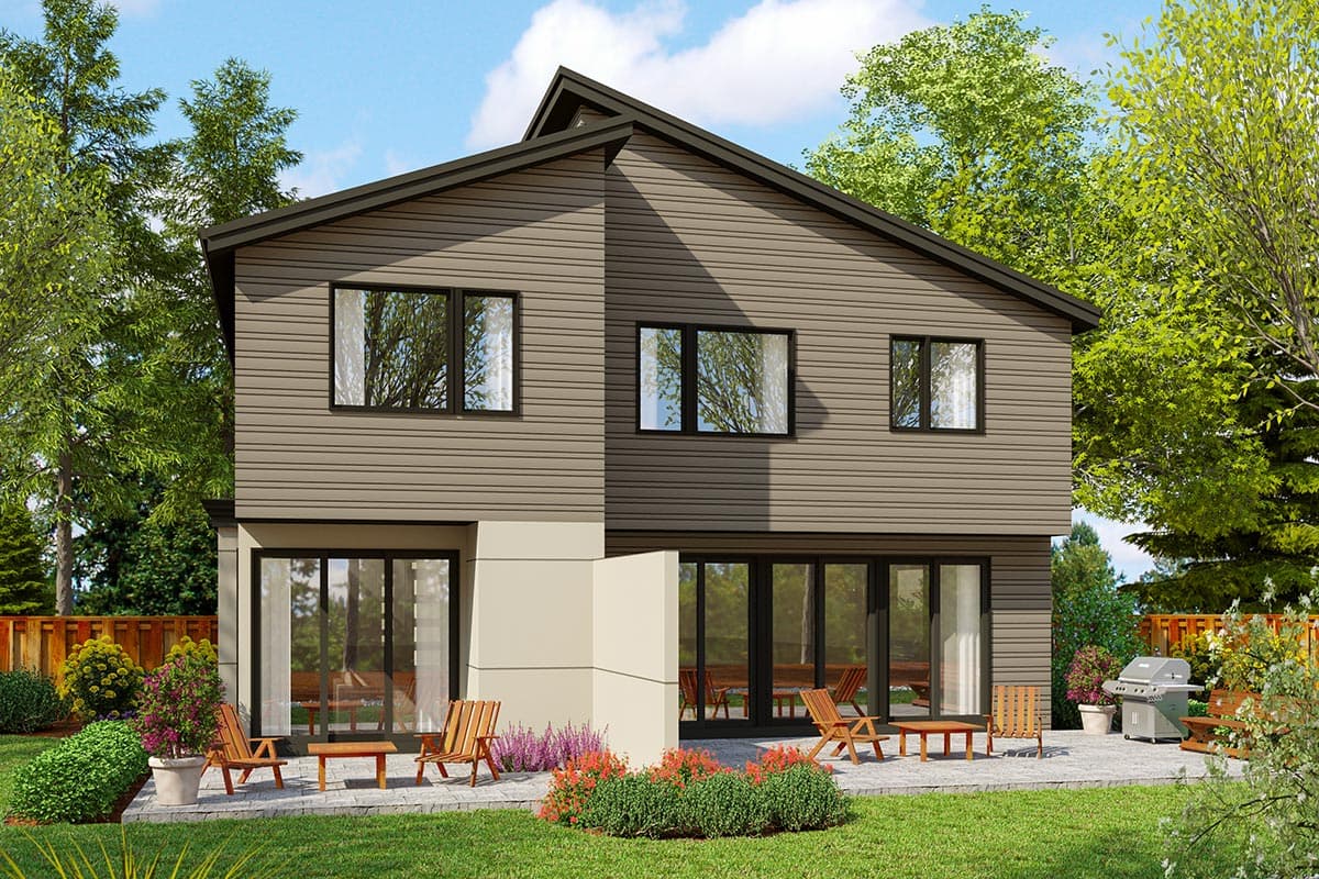Modern two-story house plan exterior with horizontal siding, large glass doors, and a prominent gable roofline.