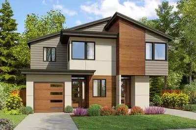 Asymmetrical Modern Duplex House Plan with 3 Bedroom Units