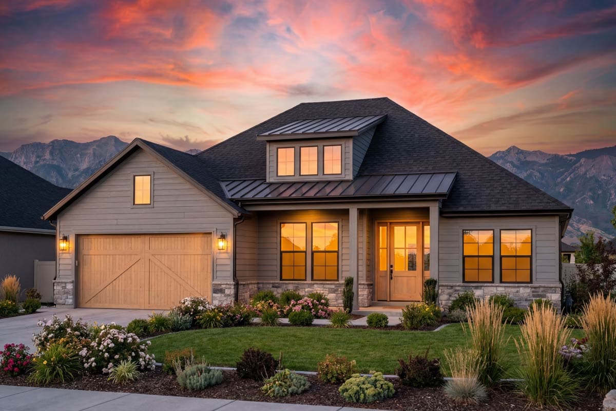 House plan exterior. Modern Farmhouse style, single story, with gable roof, dormer window, and cross-buck garage doors.