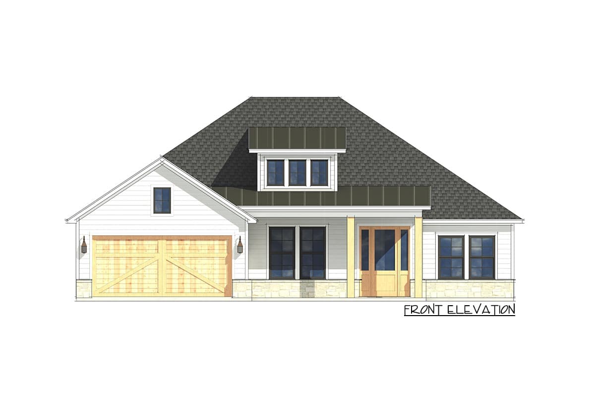Front elevation house plan: White siding, stone base, gable roof, dormer, garage with wood doors, covered entry.