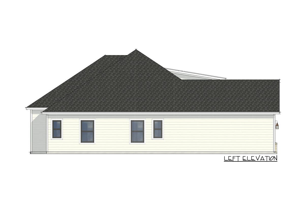 Left elevation of a house plan featuring a gable roof, vinyl siding, and four windows.