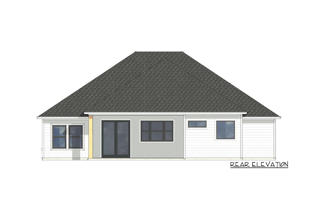 Rear elevation drawing of a single-story house plan with a hip roof, double glass doors, and multiple windows.