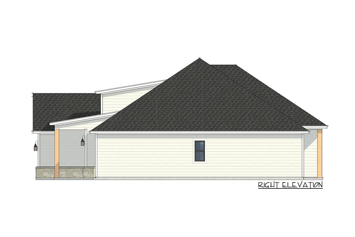 Right elevation of a house plan featuring a prominent asymmetrical gable roof, covered porch with stone base, and horizontal siding.