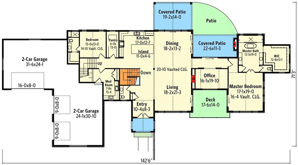 Plan 95170RW: Transitional Mountain Ranch with Walkout Basement and Optional Bonus Room - 5351 Sq Ft - Floor Plan - Main Level - Contemporary, Mountain, New American, Ranch, Rustic, Transitional
