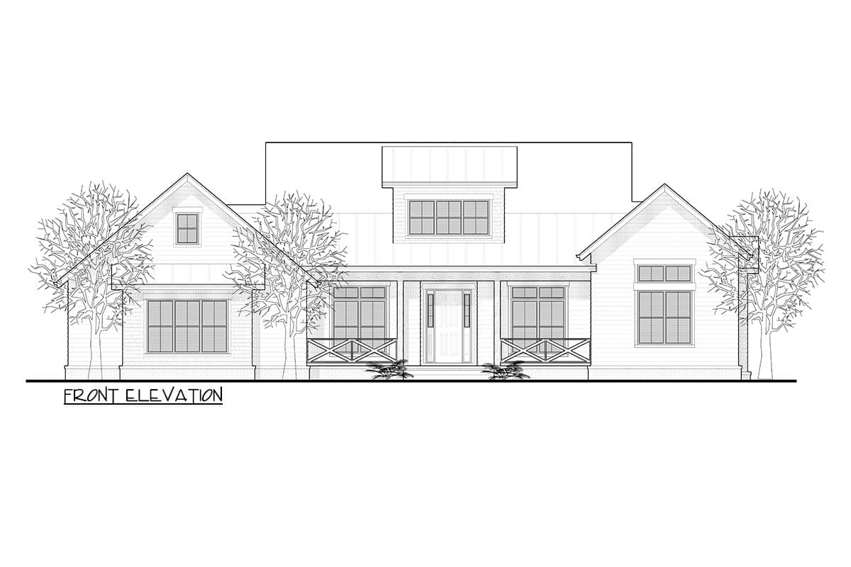 Front elevation of a one-story house plan with a covered porch, gables, dormer, and prominent rooflines.