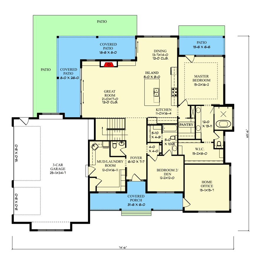 Plan 95166RW: 3-Bed Modern Country Craftsman House Plan with Wraparound Rear Porch - Floor Plan - Main Level - Cottage, Country, Craftsman, Modern Farmhouse, Mountain, New American, Northwest, Rustic