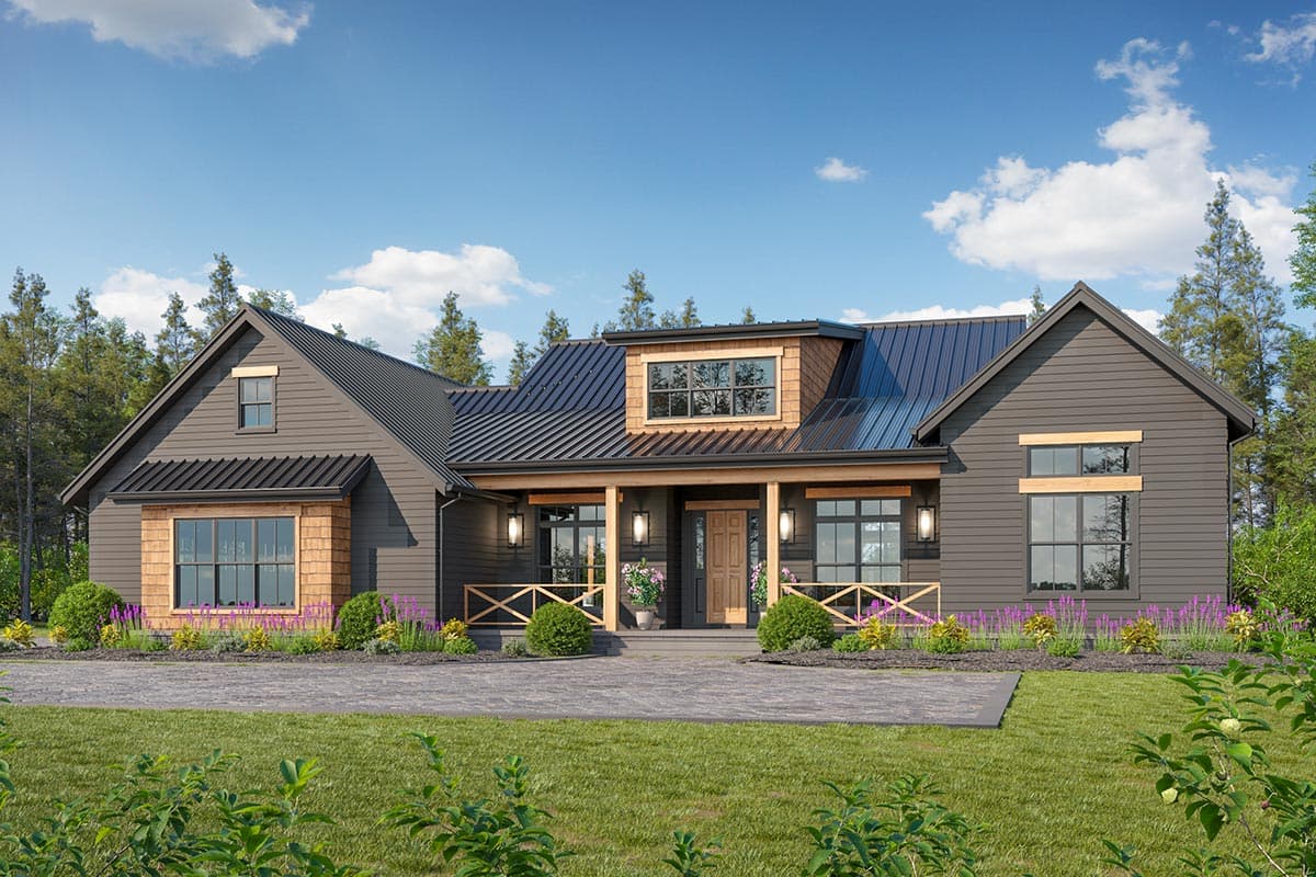 House plan exterior. Modern farmhouse style with gabled roof, dormers, and covered porch with exposed beams. One-story home with dark gray siding.