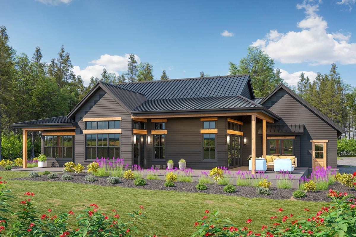 Modern farmhouse style house plan exterior with dark siding, metal roof, large windows, and covered patio.
