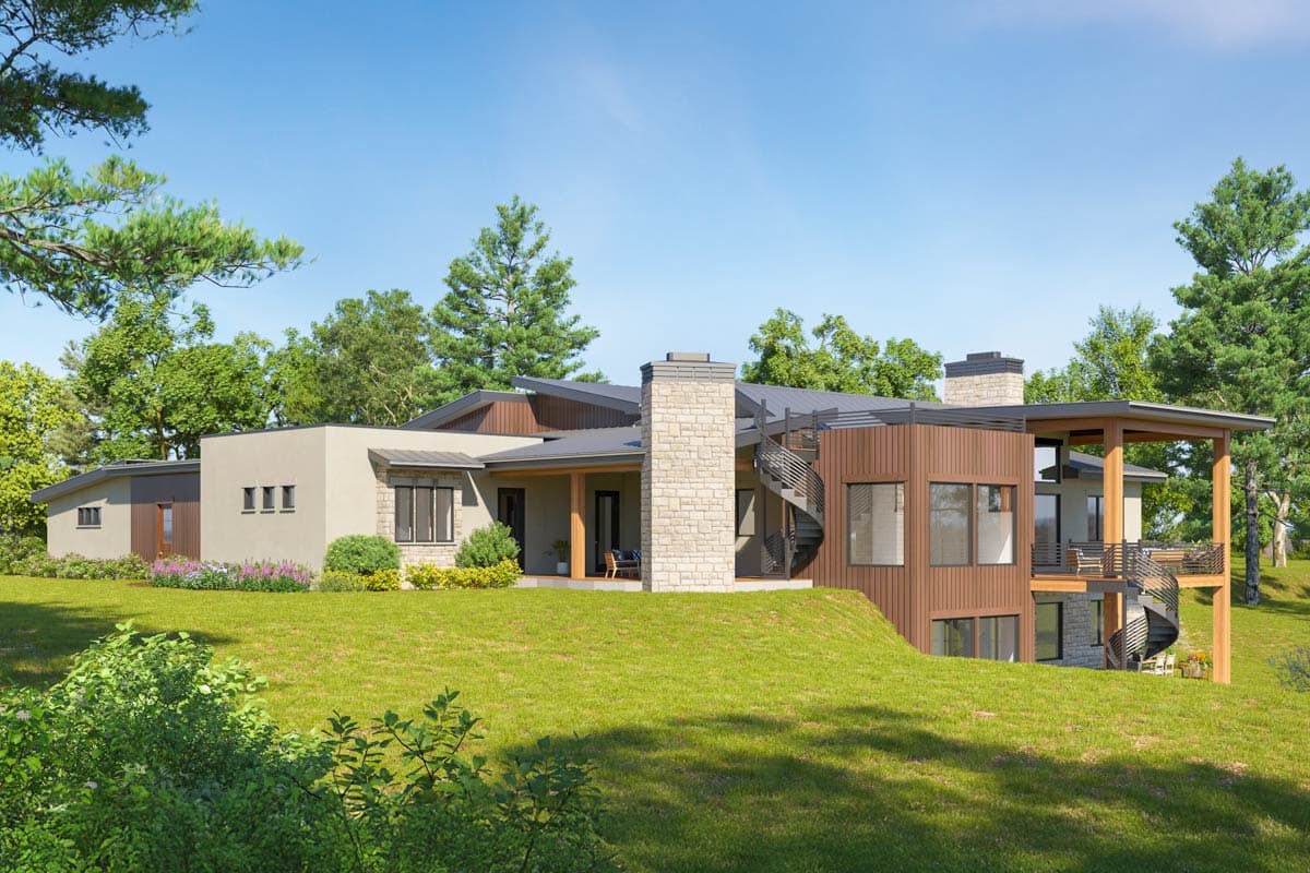Modern house plan exterior with stone chimney, wood siding, large windows, and two spiral staircases.