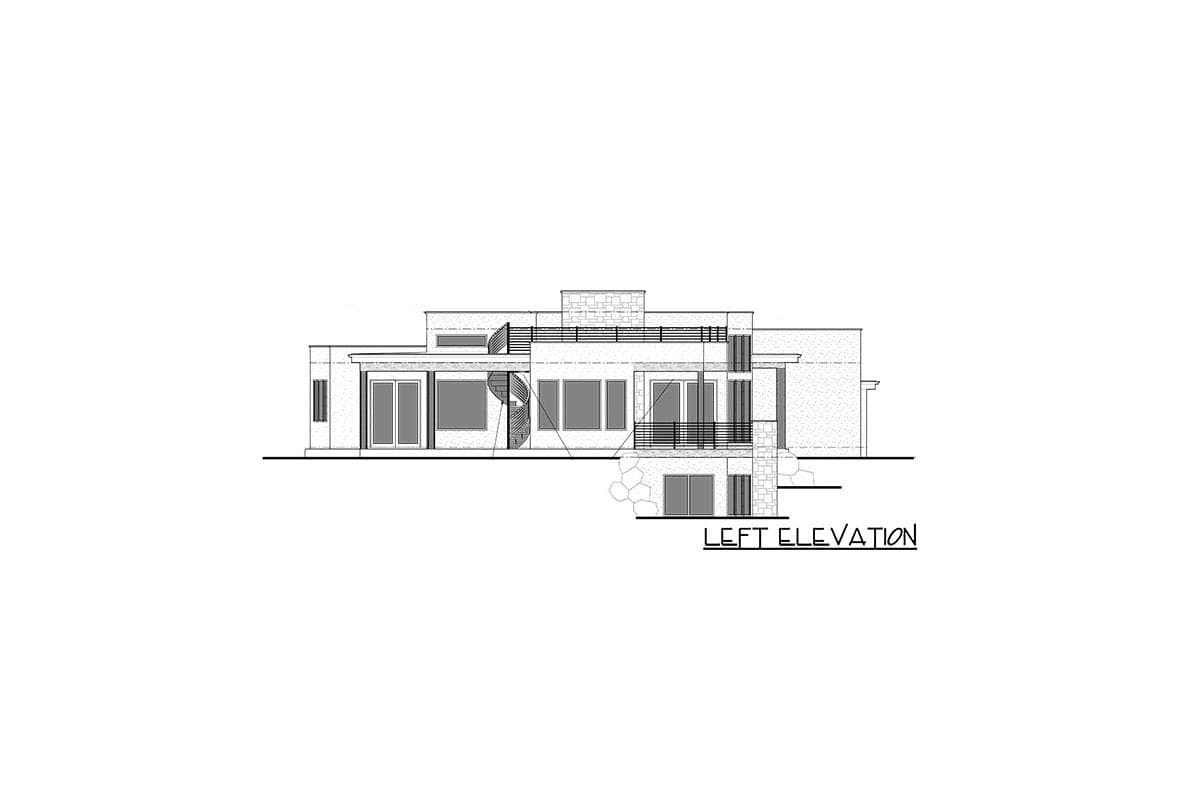 Left elevation drawing of a multi-level modern house with large windows, a balcony, and a spiral staircase.