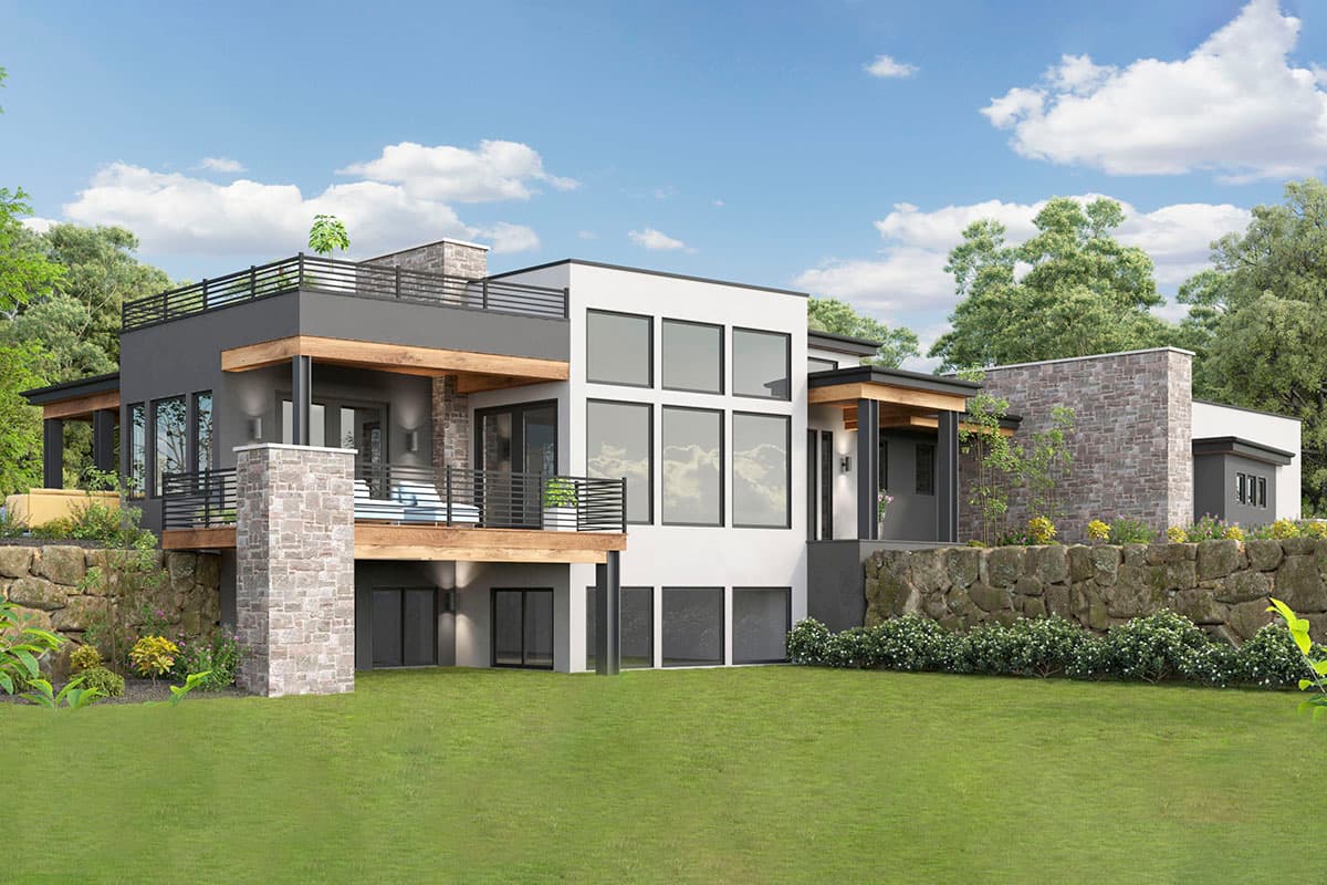 Modern house plan exterior with multiple levels, stone accents, wood beams, balconies, and a rooftop deck.