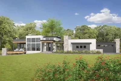 Mid-Century Modern House Plan with Home Office and Garage Shop