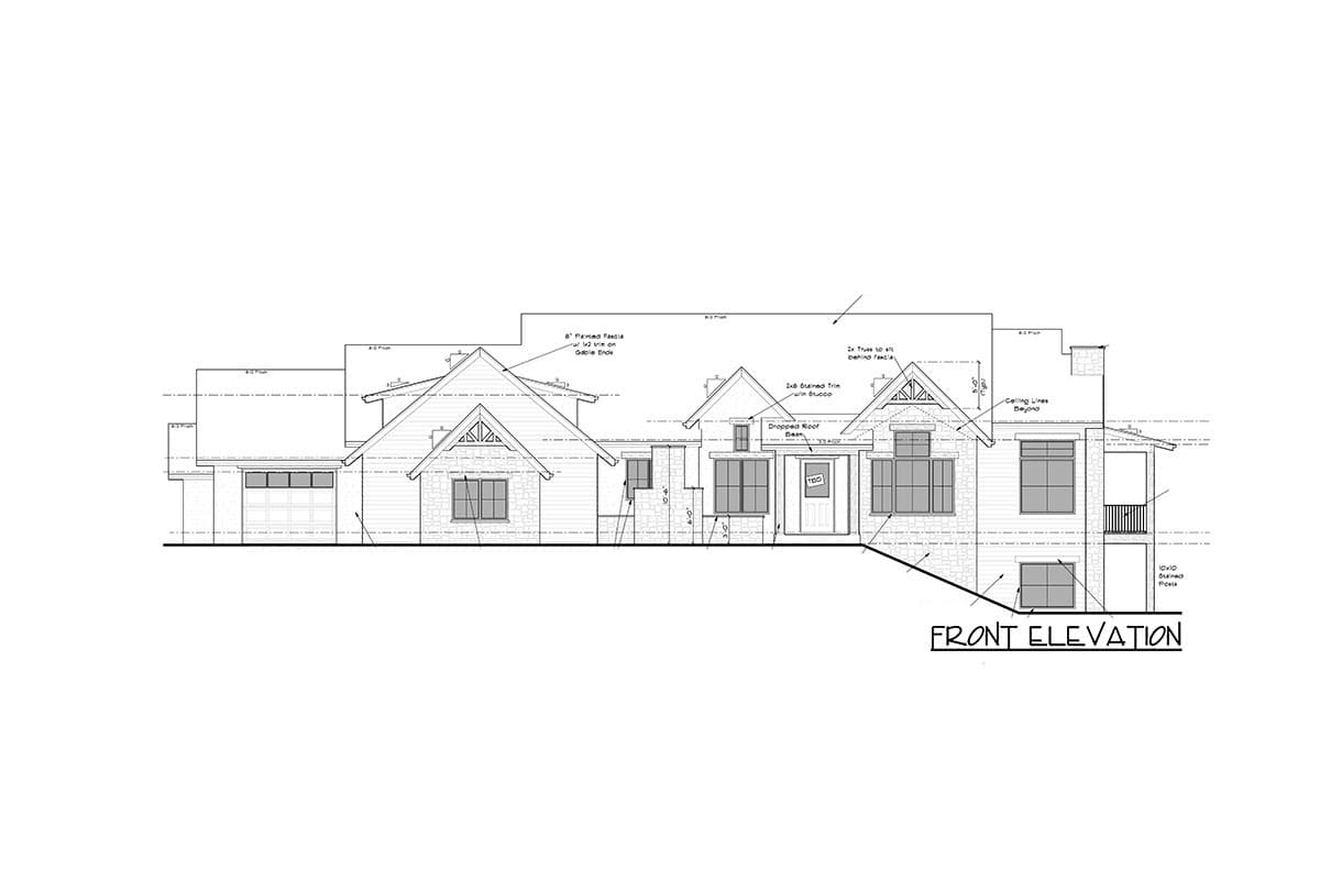 Front elevation of a house plan featuring a gabled roof, stone and siding facade, multiple windows, and an attached garage.