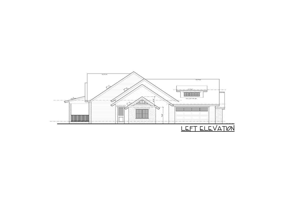 Left elevation of a one-story house plan with a gabled roof, covered porch, stone-accented gable, and a two-car garage.