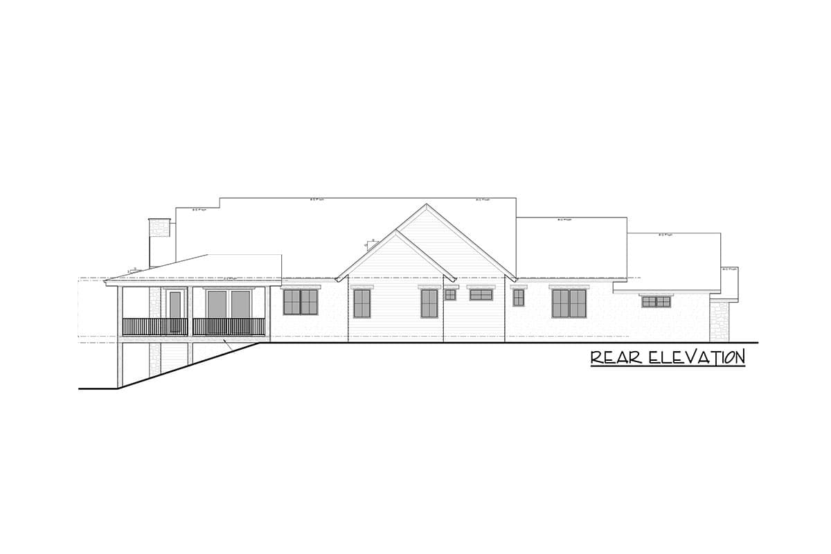 Rear elevation drawing of a house with a gabled roof, covered porch, and multiple windows.