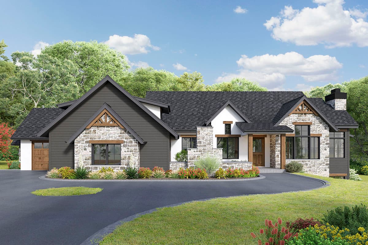 House plan exterior with stone accents, gabled roof, and wood trim detailing. Two-story with attached garage and covered porch entry.