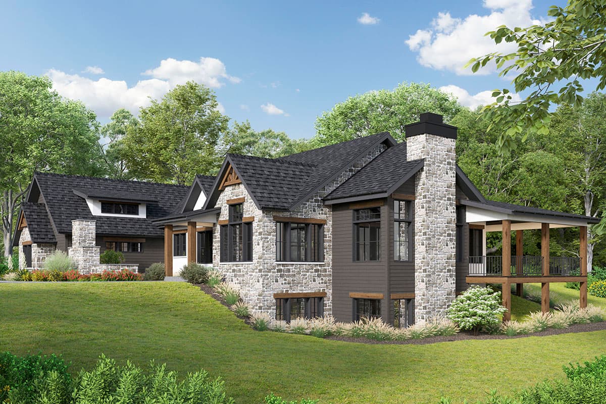 House plan exterior: Modern rustic style, two stories, stone facade, gabled roof, prominent stone chimney, and covered porch.