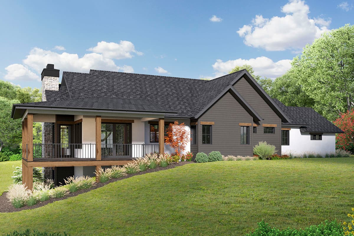 Modern Farmhouse house plan exterior with a gabled roofline, stone chimney, covered porch with timber supports, and horizontal siding.