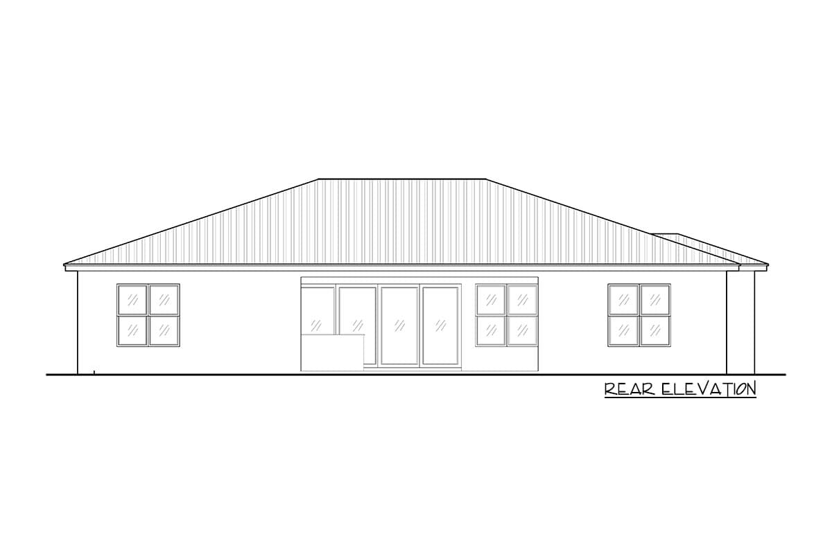 Rear elevation house plan drawing shows a single-story building with a hip roof, sliding glass doors, and four windows.