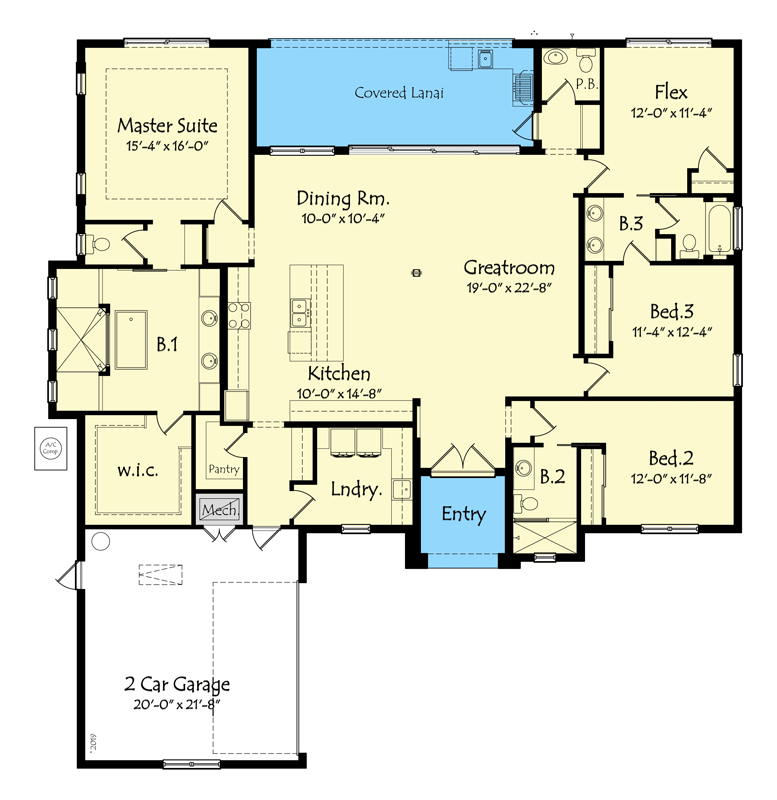 Plan 42021MJ: Contemporary Coastal Ranch with Flex Room and Covered Lanai - Floor Plan - Main Level - Coastal, Contemporary, Ranch, Southern, Transitional