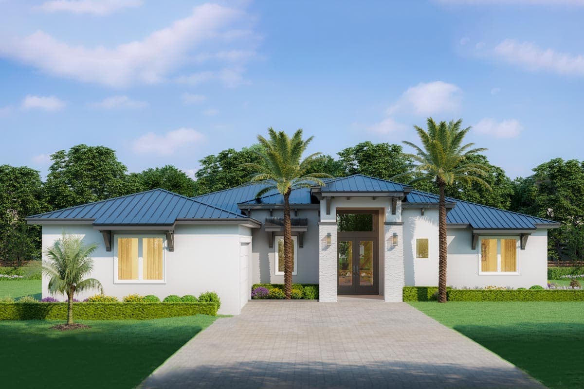 House plan exterior with low-pitched blue metal roof, recessed entry with pillars, and several windows. Landscaping includes palm trees.