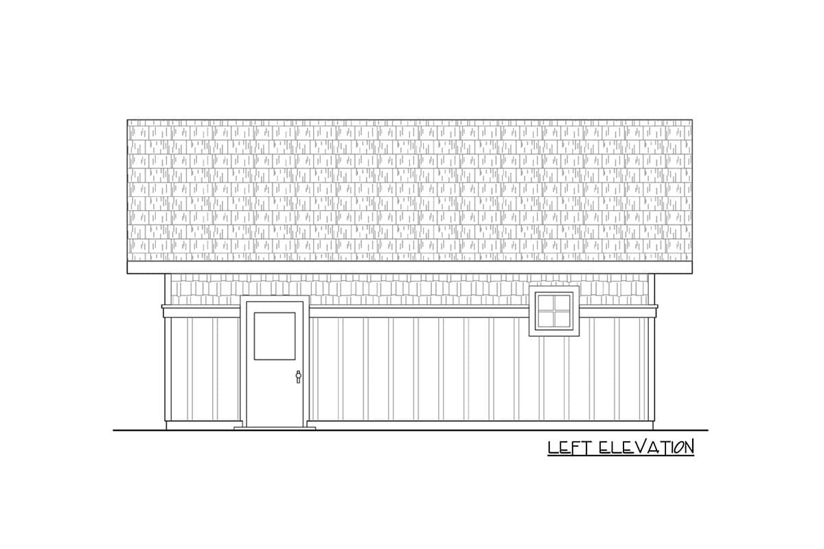 Left elevation house plan showing a shingled roof, door, and one window.