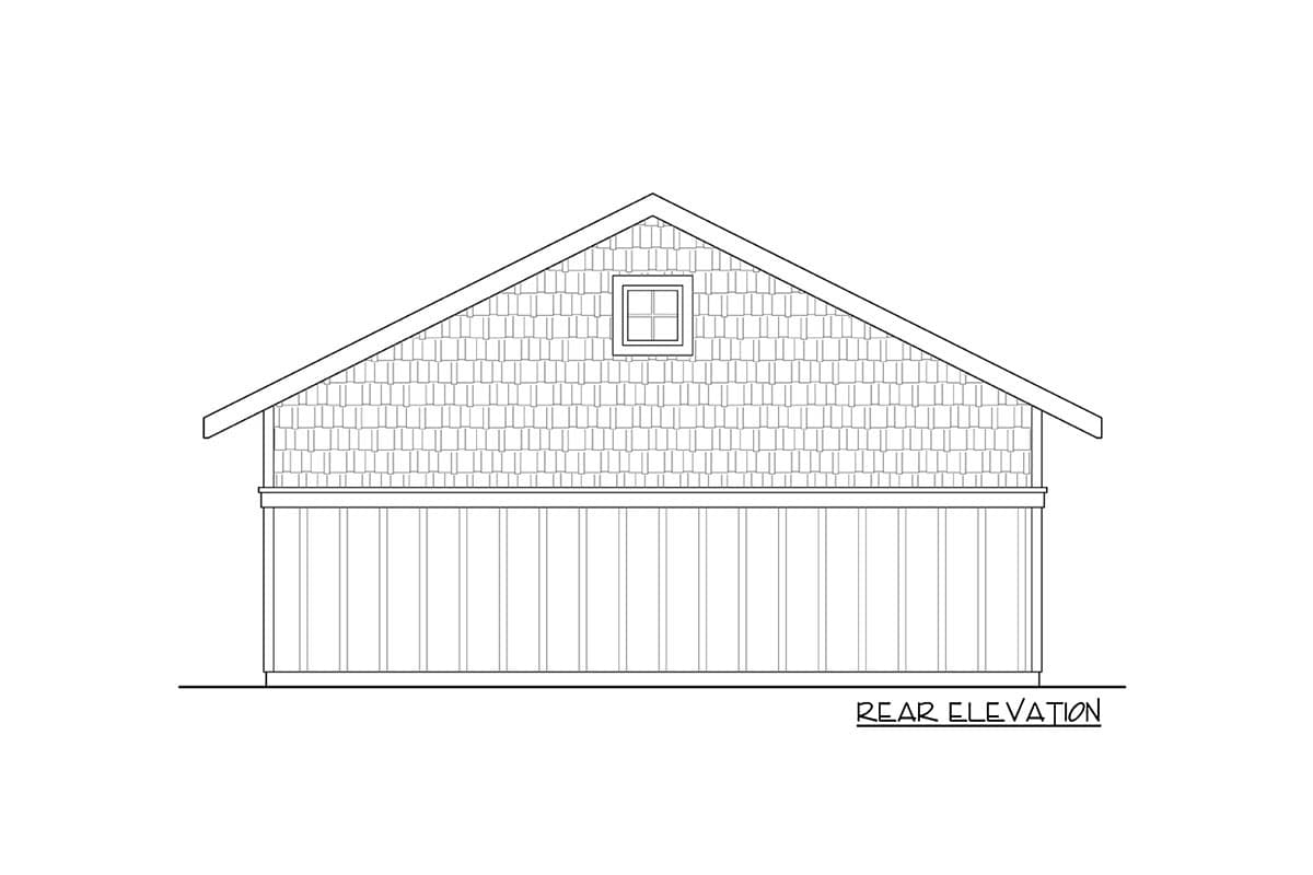 Rear elevation drawing shows a gambrel roof with shingled gable and board-and-batten lower wall.