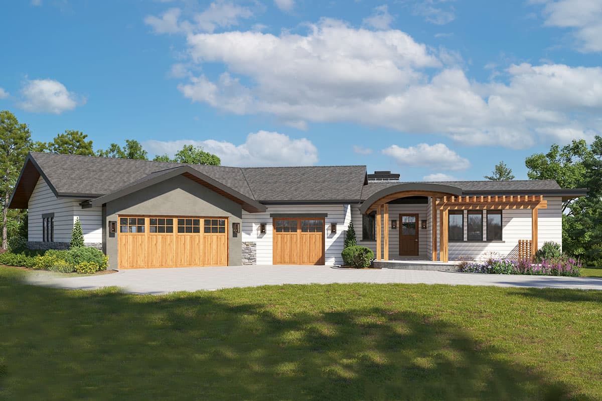 House plan exterior. Ranch style with a low-pitched roof, wood garage doors, and a covered front entry porch with an arched roof.
