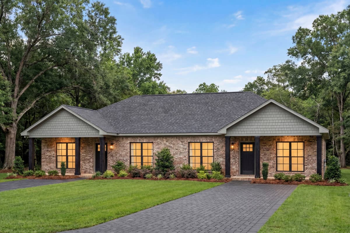 House plan exterior: single-story duplex with brick facade, prominent gables, shake siding, and covered porches.