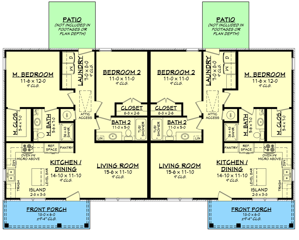 Plan 51914HZ: Modest Country Duplex House Plan With Matching 2-Bed and 2-Bath Units Under 1000 Sq Ft - Floor Plan - Main Level - Country, Hill Country, Ranch, Southern, Traditional