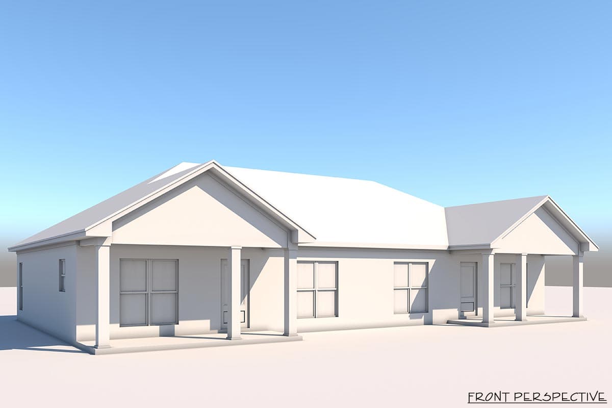 House plan exterior, one-story, with a prominent gable, covered entry porch supported by columns, and multiple windows.