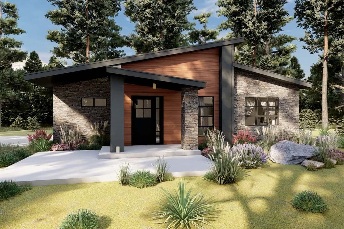 Modern house plan exterior with stone and wood siding, prominent gables, and a covered entryway.