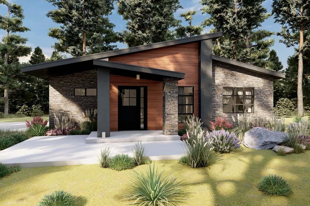 Plan 420021WNT: 2-Bed Modern Contemporary Home Plan with Stone and Wood Exterior - Image #5 - Contemporary, Mid Century Modern, Modern, Mountain, Northwest, Ranch, Rustic