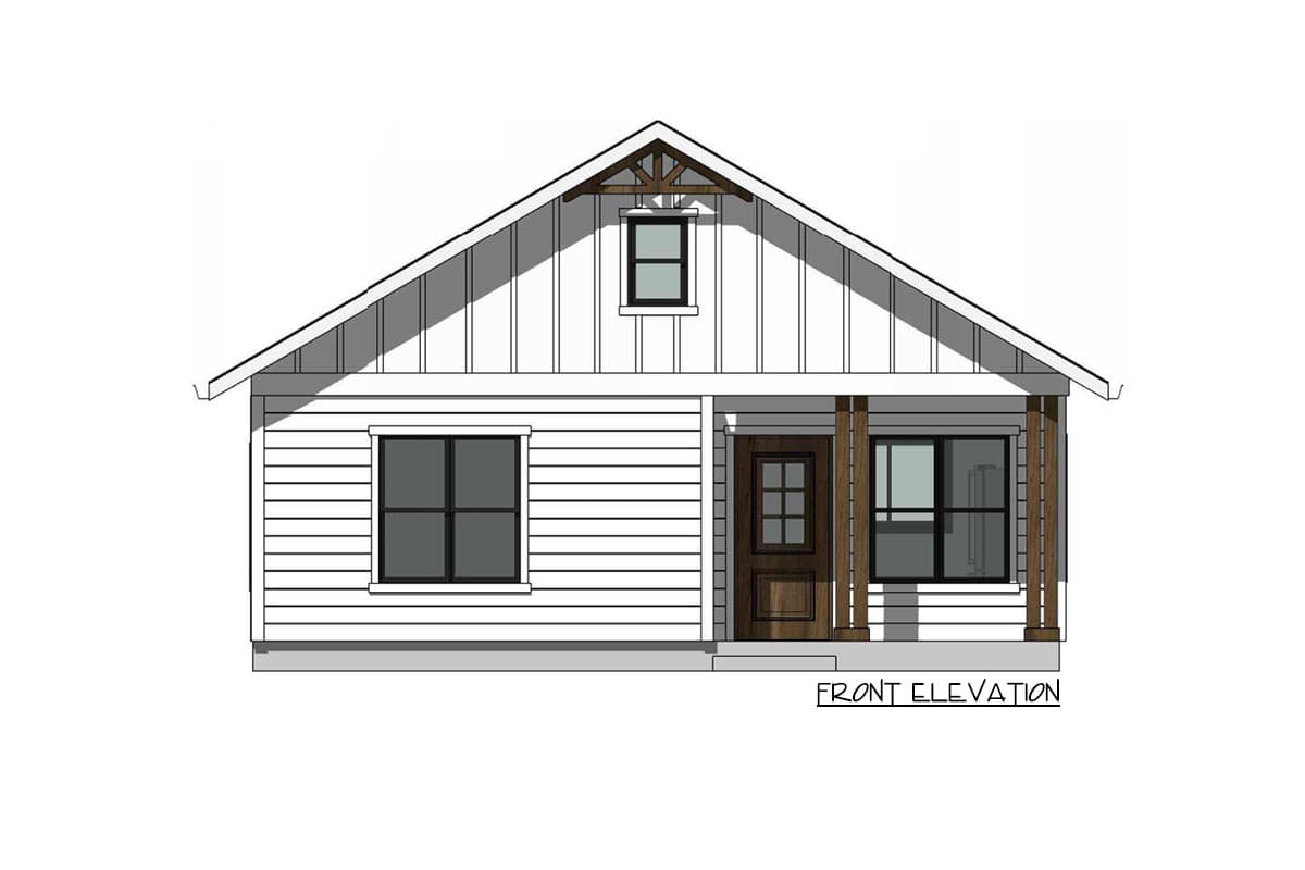 Front elevation drawing of a house plan with board and batten siding, a gabled roof, and a covered porch.