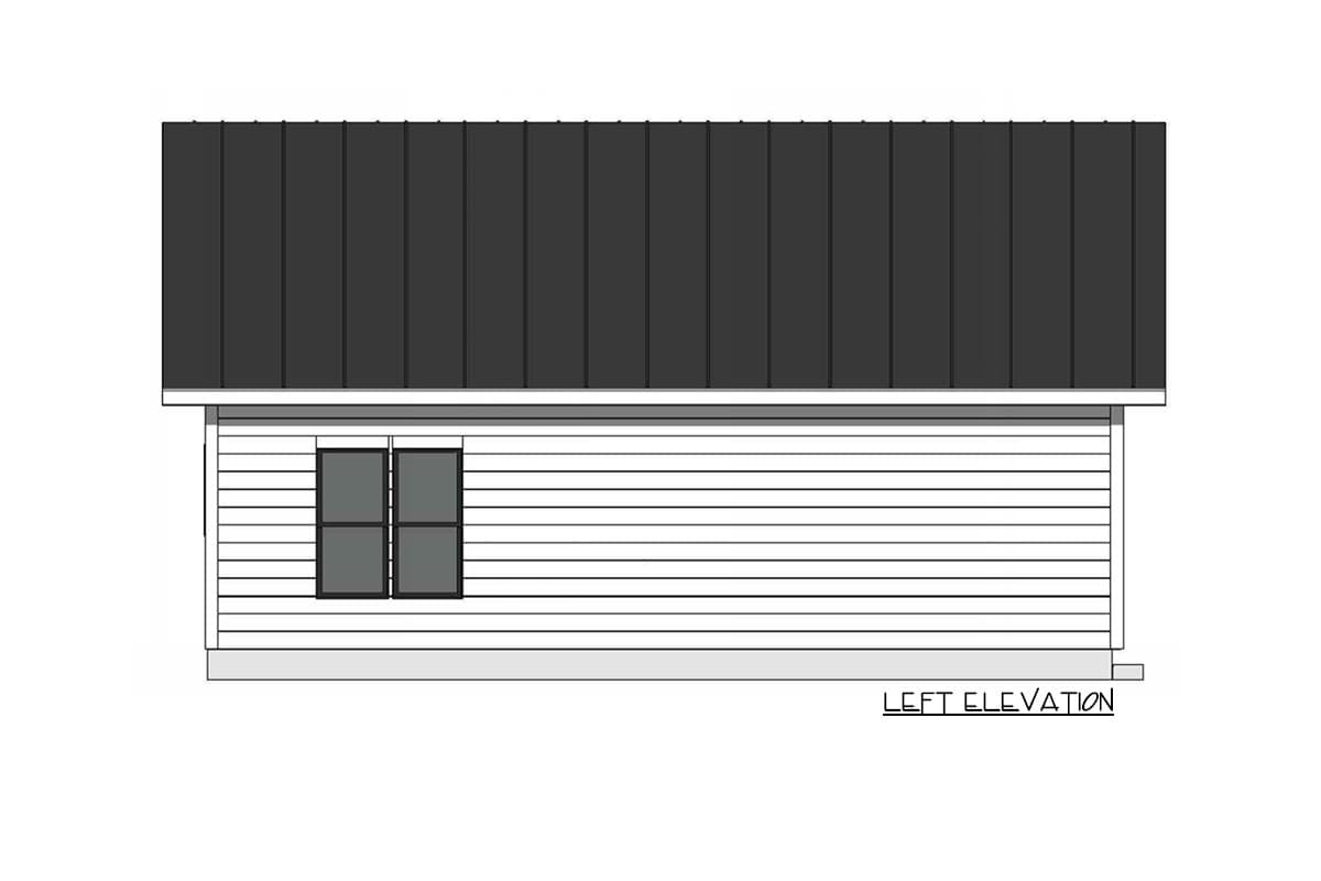 Left elevation of a house plan showing horizontal siding, a dark standing seam roof, and two windows.